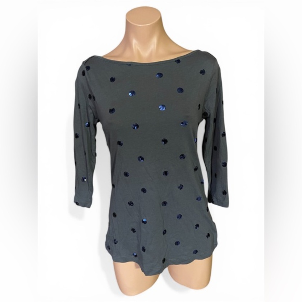 Old Navy Small Dark Gray Long Sleeve Blue Sequin Polka Dots Blouse NWT